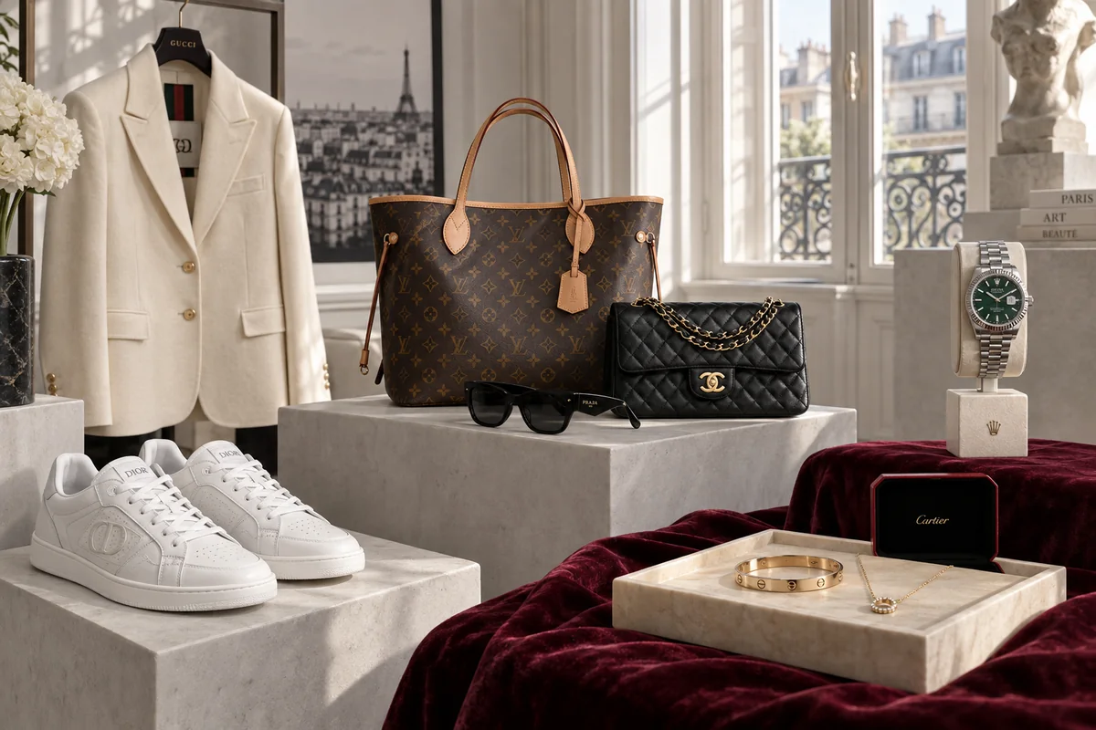Luxury fashion styling with designer clothing, sneakers, handbags, a watch, jewellery and sunglasses